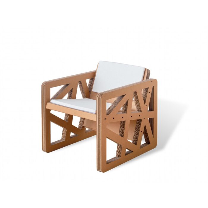 Fauteuil ergonomique en carton recyclé avec structure géométrique, siège et accoudoirs intégrés pour espaces de travail ou salles de pause professionnels - Le Meuble en Carton une marque du groupe Natur Design