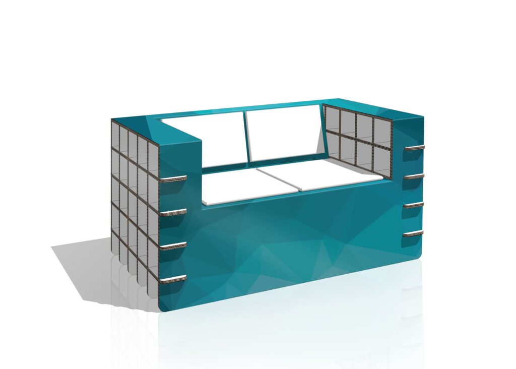 Canapé modulable en carton écologique avec étagères latérales et poignées métalliques, idéal pour espaces de travail ou bureaux créatifs - Le Meuble en Carton une marque du groupe Natur Design