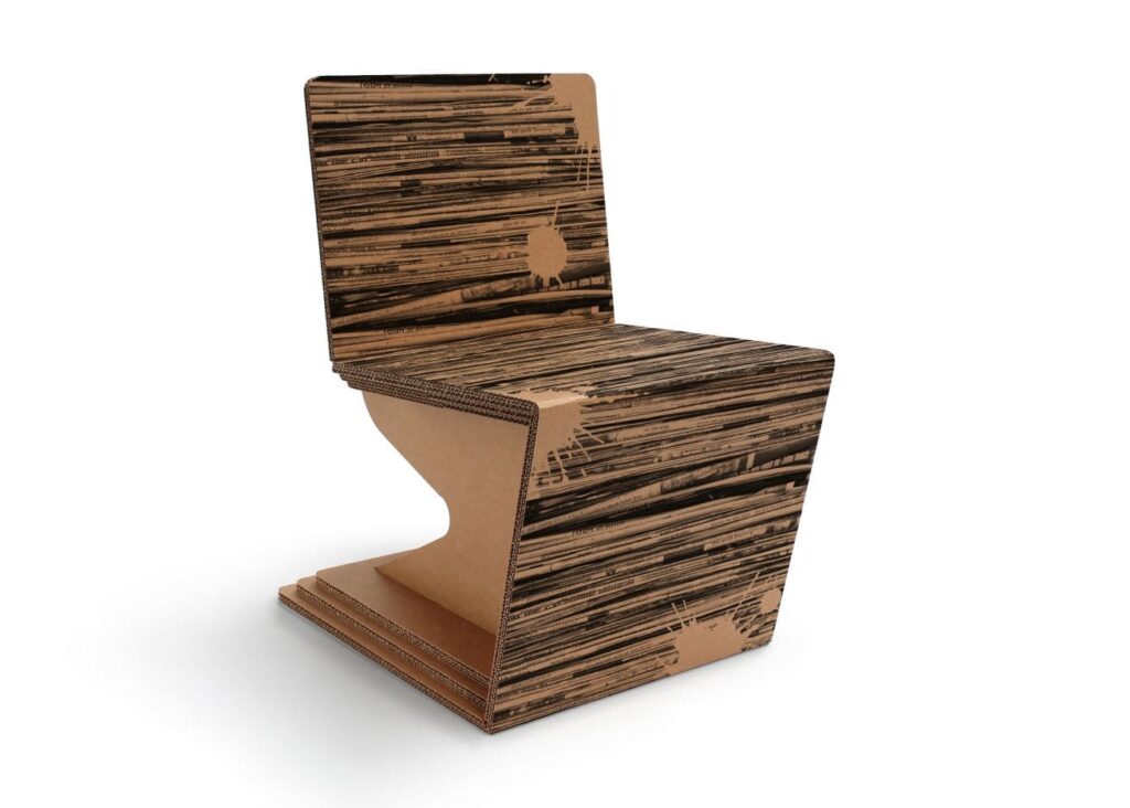 Chaise rotondes en carton imprimé pour espaces professionnels et événements, idéale pour les bureaux, open space ou stands événementiels, design minimaliste et écoresponsable - Le Meuble en Carton une marque du groupe Natur Design
