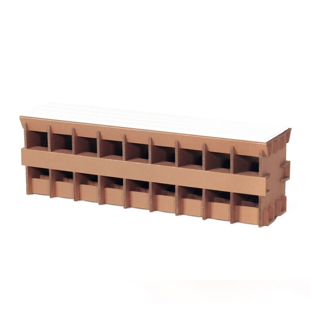 Bancs modulables en carton écologique pour espaces professionnels, idéalement conçus pour les salles de pause ou les zones d’aménagement des entreprises avec rangements intégrés et pieds stabilisés - Le Meuble en Carton une marque du groupe Natur Design