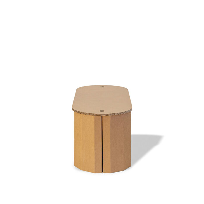 Banc en carton écologique pour stands événementiels et scénographie, design épuré avec structure en panneaux cartonnés et base renforcée à visibilité logo personnalisable, idéal pour espaces professionnels et décors modulables - Le Meuble en Carton une marque du groupe Natur Design
