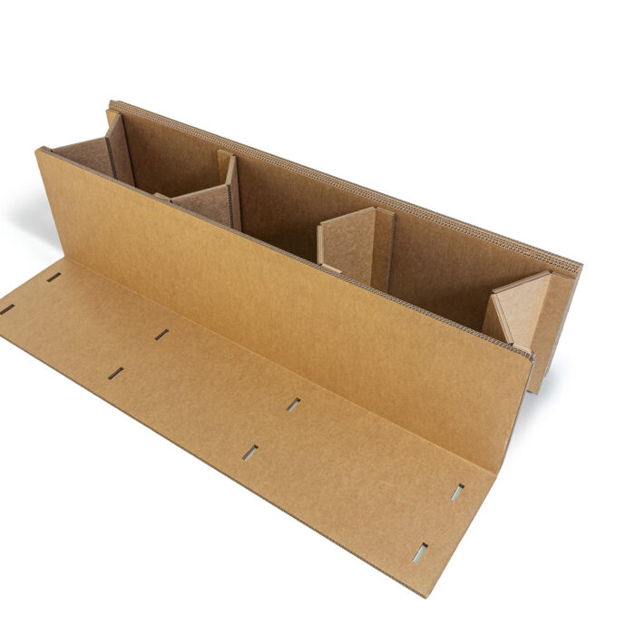 Banc modulable en carton écologique pour stands événementiels et scénographies professionnelles, avec compartiments intégrés pour rangement des accessoires de salon ou matériel d’exposition - Le Meuble en Carton une marque du groupe Natur Design