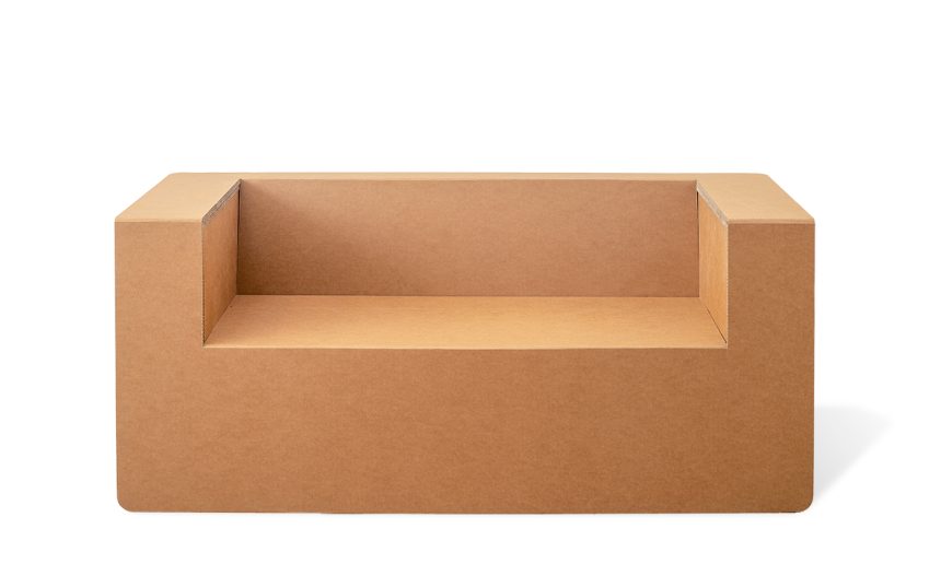 Canapé en cartonmodulable en carton beige pour stands événementiels et scénographies professionnelles, idéale pour espaces et design épuré - Le Meuble en Carton une marque du groupe Natur Design