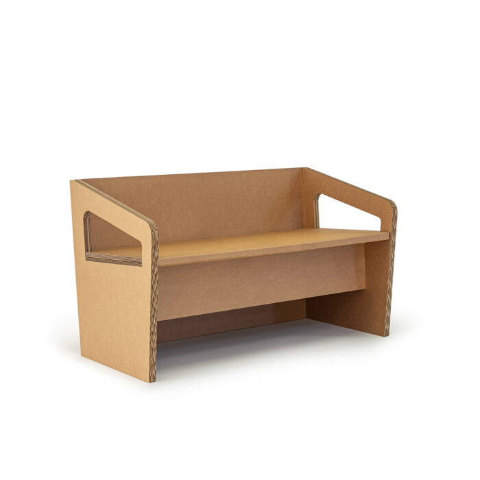 Coupé-drapeau canapé modulable en carton écologique pour stands événementiels et espaces professionnels, idéal pour les salons, bureaux ouverts ou zones de pause dans les entreprises - Le Meuble en Carton une marque du groupe Natur Design
