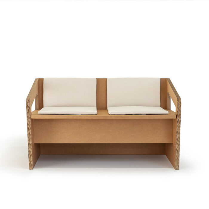 Coupé-drapeau canapé modulable en carton écologique pour espaces professionnels et événements, idéal pour les bureaux, salles de pause ou stands événementiels en scénographie moderne - Le Meuble en Carton une marque du groupe Natur Design