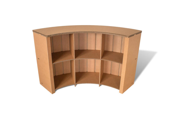 Banque d'accueil semi-circulaire en carton écologique avec compartiments intégrés et poignées métalliques pour accueil client dans les espaces professionnels, bureaux ou open space - Le Meuble en Carton une marque du groupe Natur Design