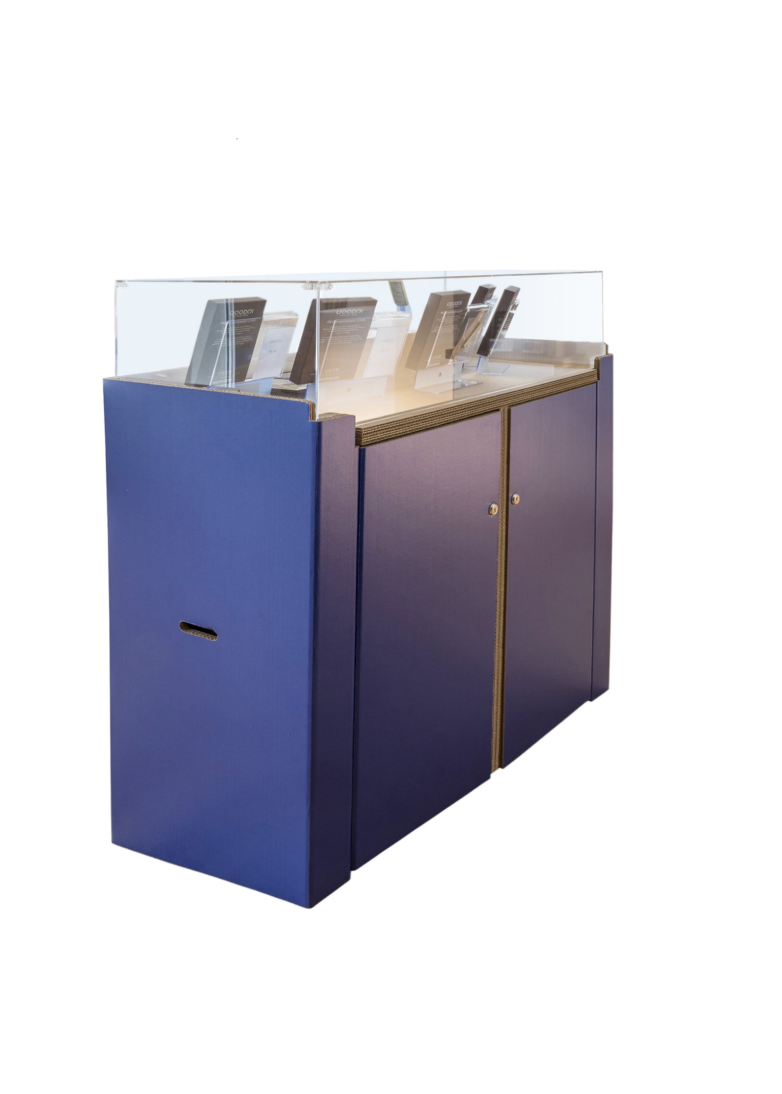 Comptoir en carton transparent avec plateau supérieur pour affichage dans l'aménagement de magasins, conçu pour organiser et exposer des produits ou documents professionnels de manière esthétique et fonctionnelle - Le Meuble en Carton une marque du groupe Natur Design