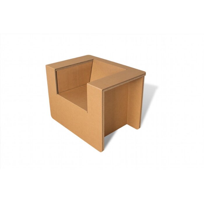 Fauteuil en carton éco-conçu pour stands événementiels, avec structure modulable en panneaux cartonnés et pieds stabilisés, idéal pour la scénographie professionnelle et les espaces - Le Meuble en Carton une marque du groupe Natur Design