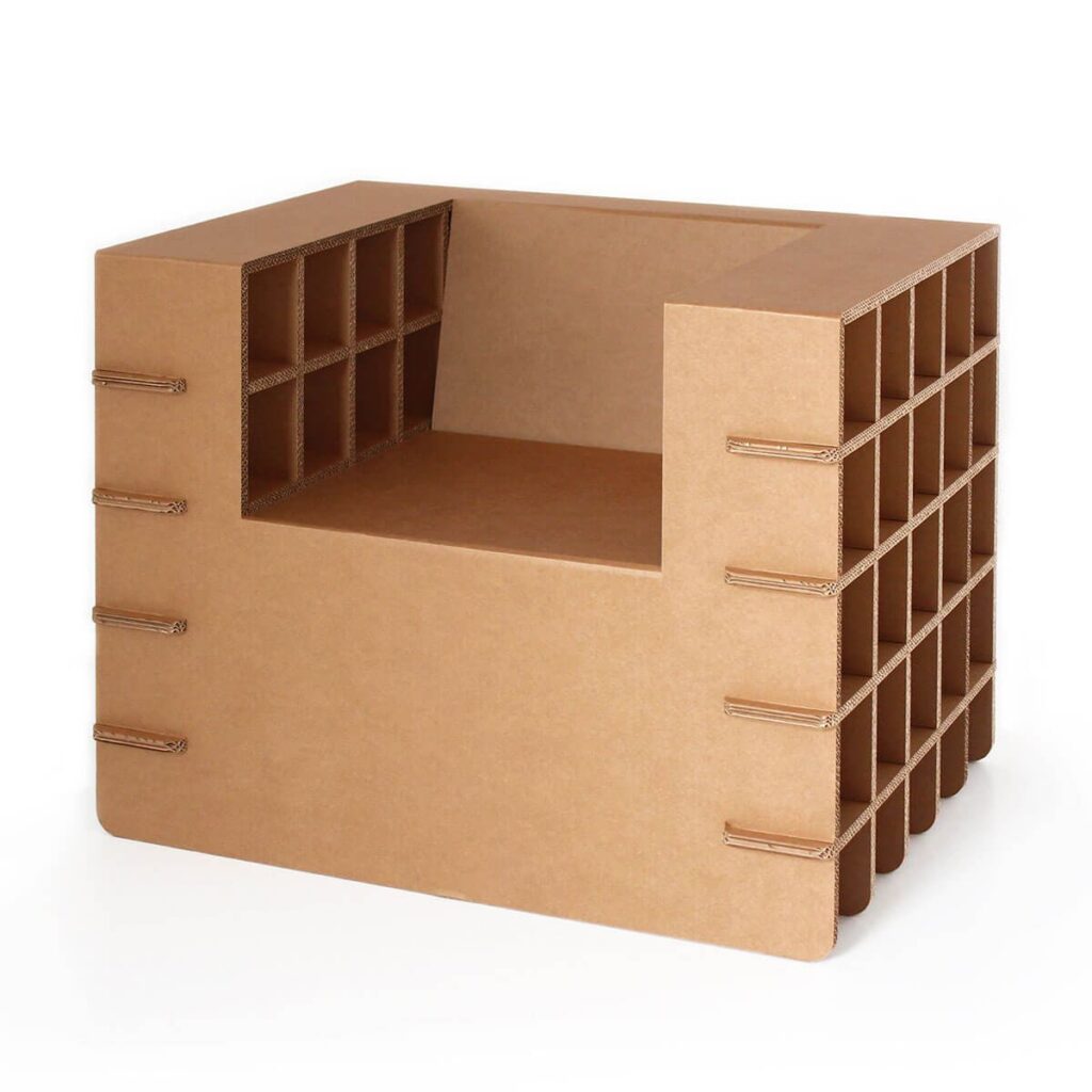 Fauteuil convertible en carton écologique avec compartiments modulables pour l'aménagement d'entreprises ou de salles de pause, idéal pour optimiser l'espace et le rangement professionnel - Le Meuble en Carton une marque du groupe Natur Design