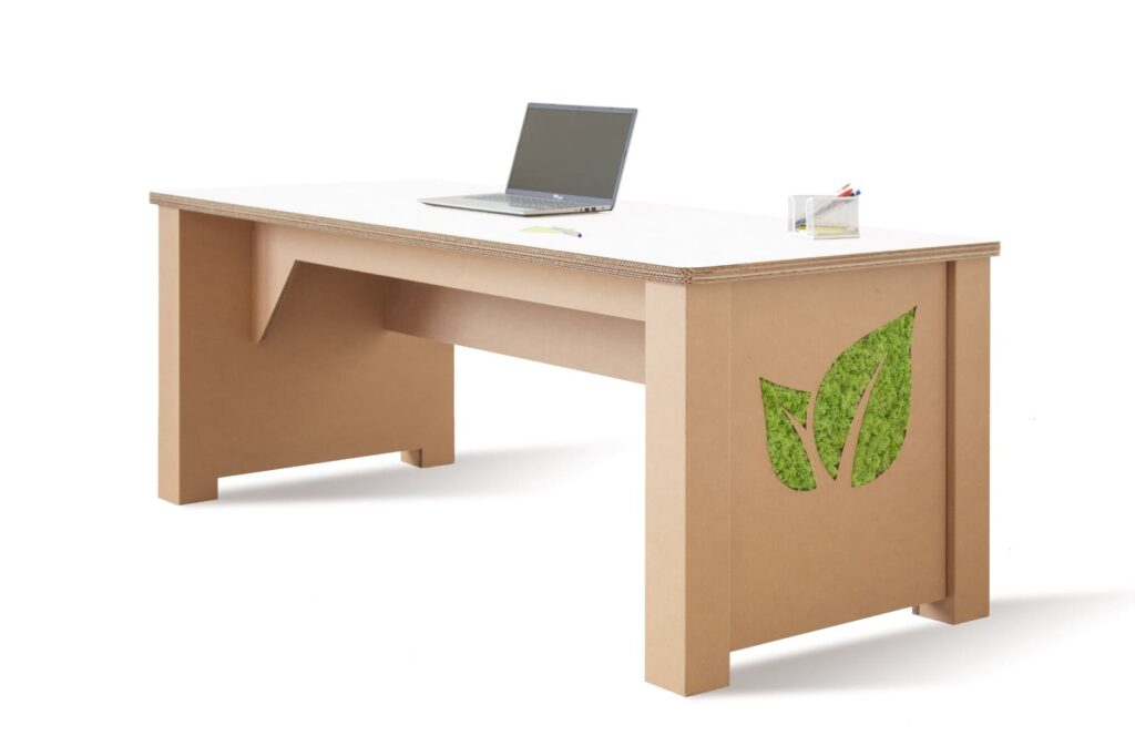 Bureau en carton écologique avec plateau perforé et personnalisation végétale, idéal pour les espaces professionnels ou salles de pause dans l’aménagement d’entreprise - Le Meuble en Carton une marque du groupe Natur Design