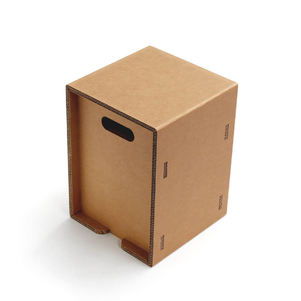 Tabouret en carton écologique pour espaces professionnels et événements, idéal pour les bureaux, salles de pause ou stands événementiels avec pieds stabilisés et poignée ergonomique intégrée - Le Meuble en Carton une marque du groupe Natur Design