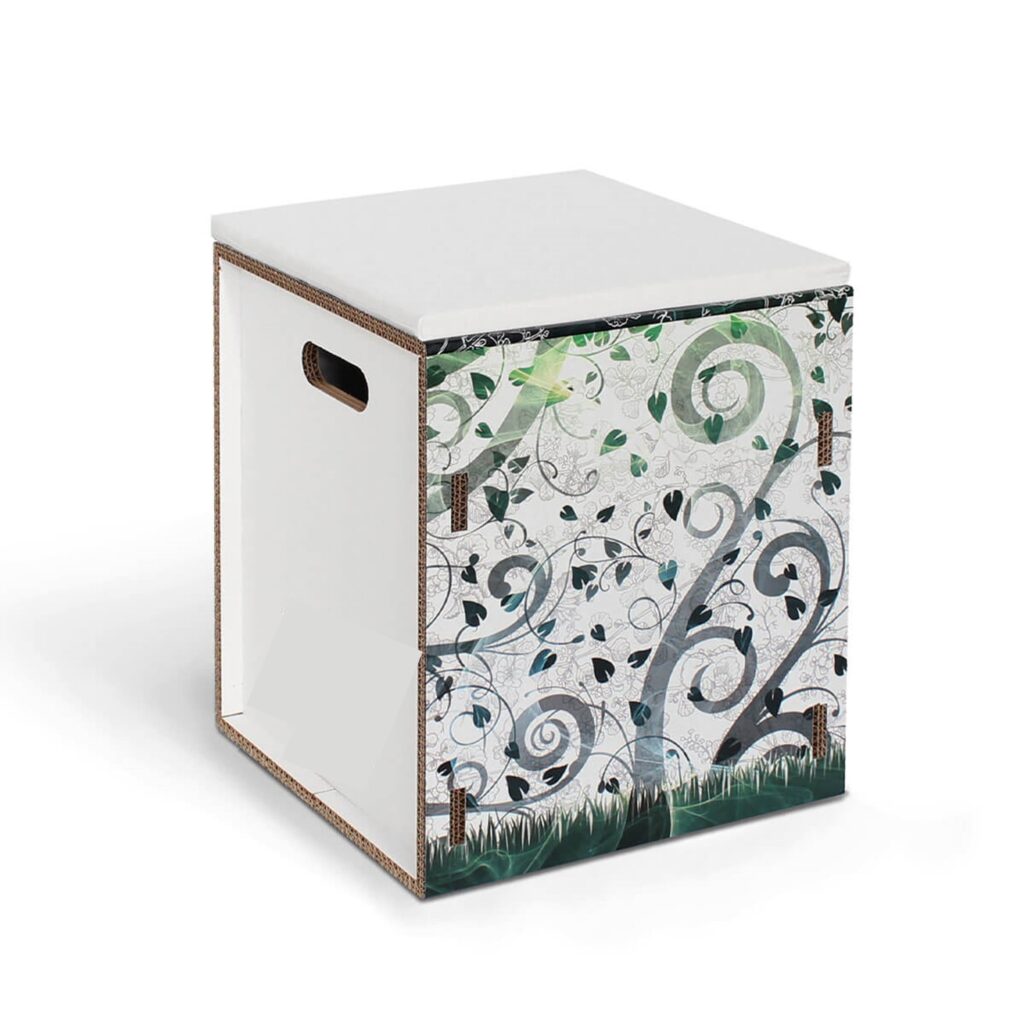 Tabouret en carton écologique ATHOS avec motif végétal floral et feuilles vertes, idéal pour l’aménagement d’entreprises, salles de pause ou décoration événementielle professionnelle - Le Meuble en Carton une marque du groupe Natur Design