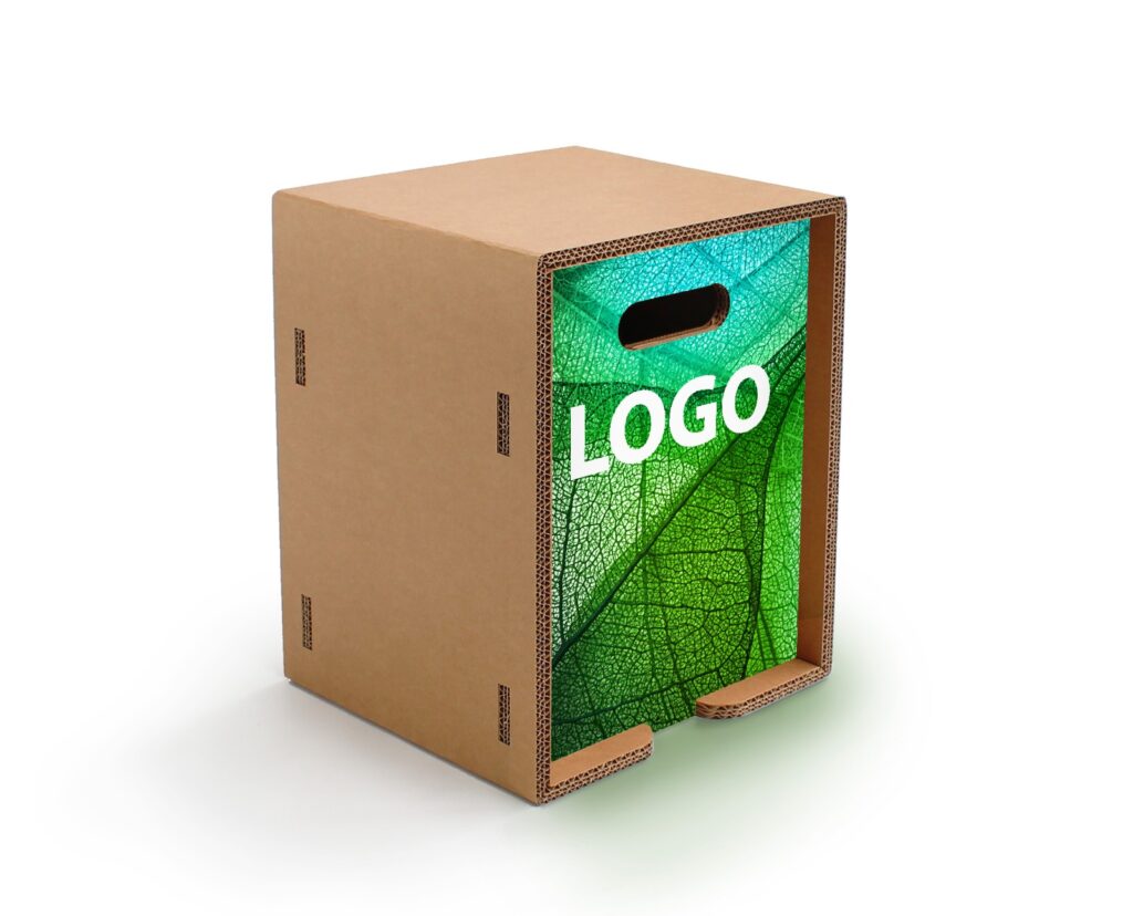 Tabouret en carton écologique ATHOS pour espaces professionnels – design modulable avec poignée intégrée et motif végétal personnalisable, idéal pour aménagement d’entreprises, salles de pause ou événements pro - Le Meuble en Carton une marque du groupe Natur Design