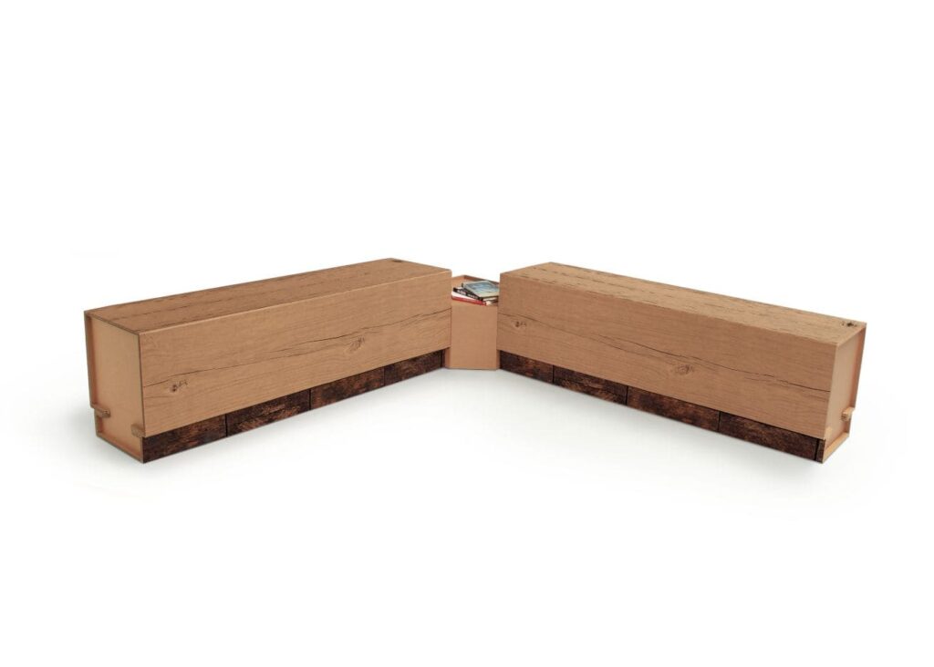 Banc en carton VISO pour aménagement d'entreprise et espaces de pause, conçu en matériaux écologiques, avec structure modulaire en panneaux cartonnés et pieds stabilisateurs noirs, idéal pour open space ou salles professionnelles - Le Meuble en Carton une marque du groupe Natur Design