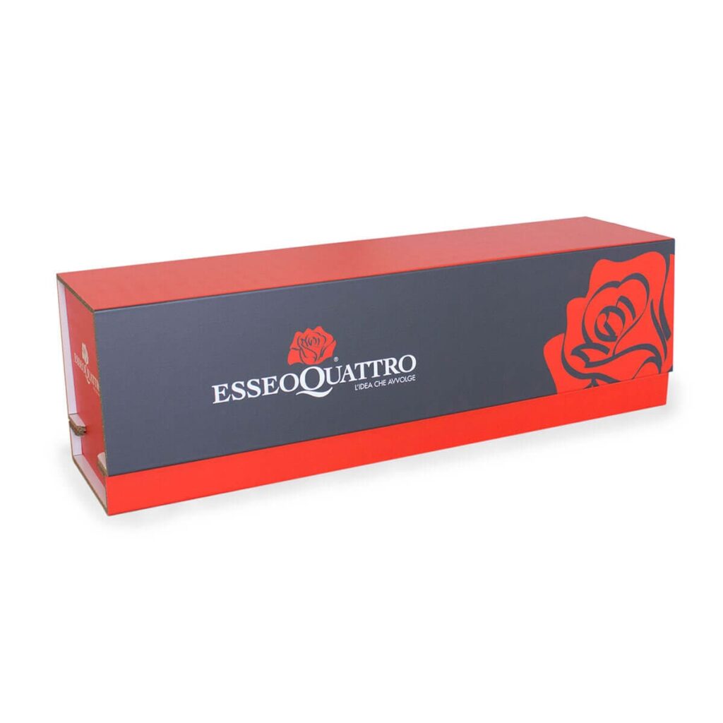 Banc en carton VISO pour aménagement professionnel, présenté dans son emballage personnalisé avec logo et motifs floraux rouges et bleu, idéal pour les espaces de pause ou bureaux d'entreprise - Le Meuble en Carton une marque du groupe Natur Design