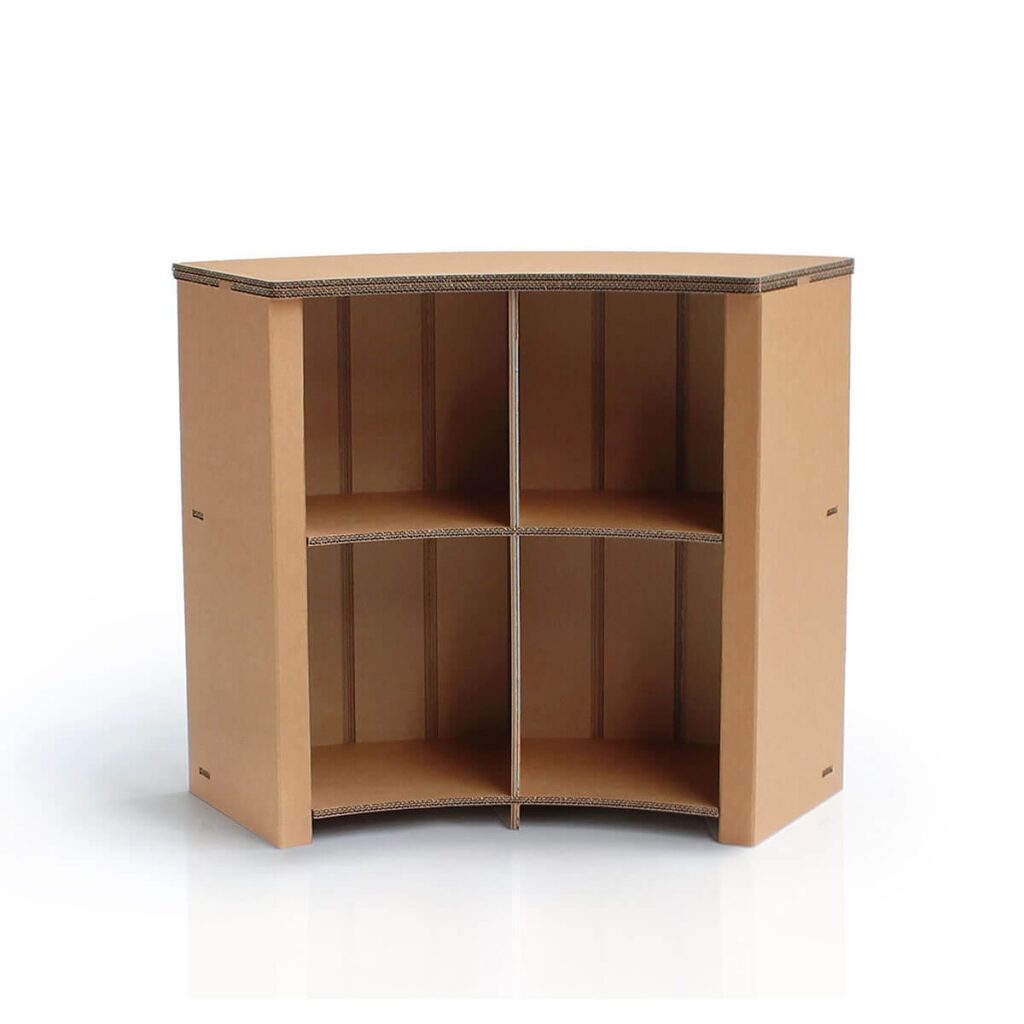 Banque d'accueil en carton écologique et durable avec compartiments intérieurs pour accueil client dans les espaces professionnels, bureaux ou open space - Le Meuble en Carton une marque du groupe Natur Design