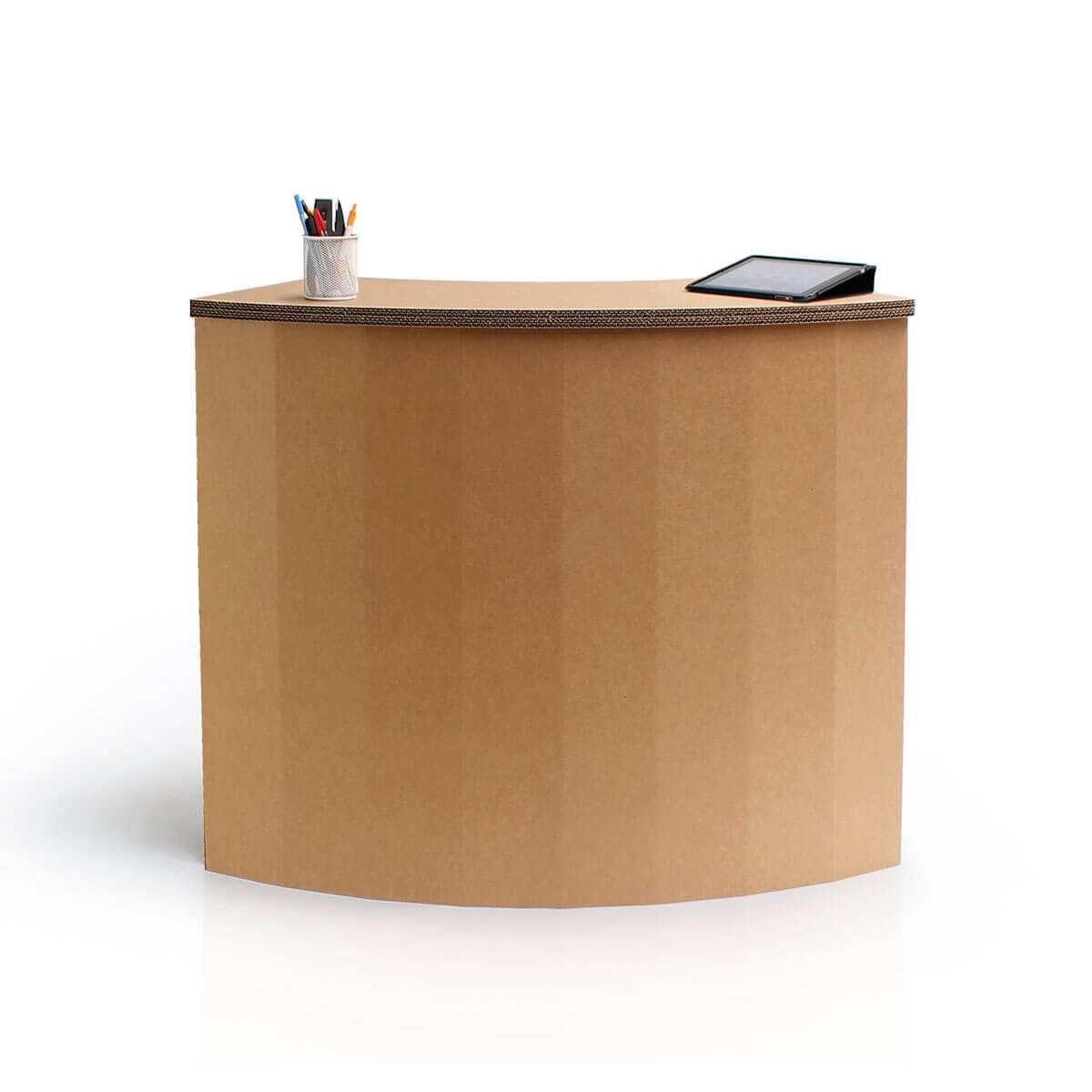 Banque d'accueil en carton écologique avec plateau décoré, idéale pour les espaces professionnels et bureautiques comme des bureaux ouverts ou des zones de réception - Le Meuble en Carton une marque du groupe Natur Design