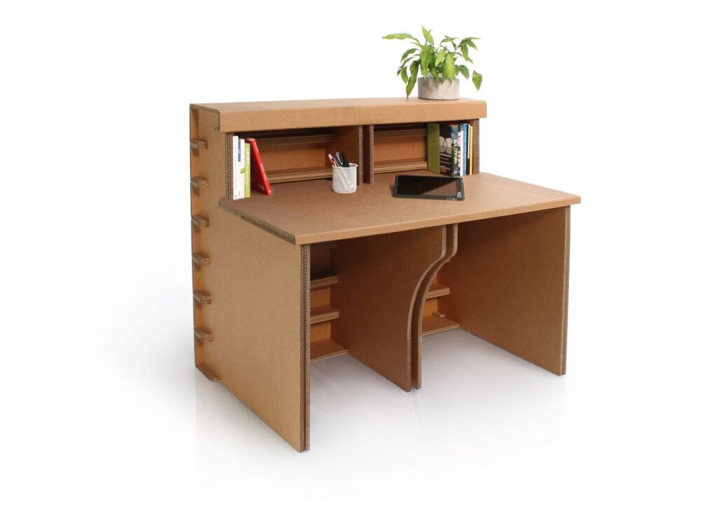 Banque d'accueil en carton écologique pour stands événementiels et aménagement de magasins, avec plateau haut et tiroirs intégrés, idéalement conçu pour les espaces professionnels et les scénographies modulables - Le Meuble en Carton une marque du groupe Natur Design