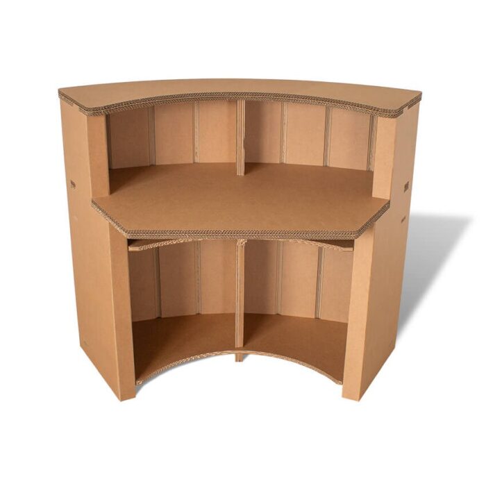 Banque d'accueil semi-circulaire en carton écologique avec compartiments intégrés et rangements latéraux, idéale pour les espaces professionnels comme les bureaux ou salons d’accueil - Le Meuble en Carton une marque du groupe Natur Design