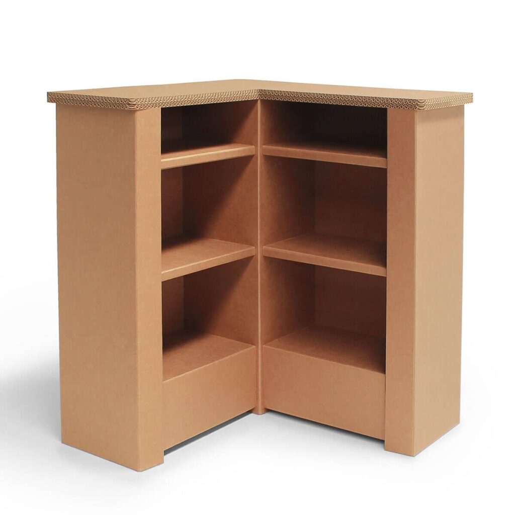 Comptoir en carton écoresponsable et modulable avec plateaux de rangement intégrés, idéal pour les espaces professionnels ou bureautiques, offrant une solution durable et esthétique pour organiser des documents, accessoires ou équipements dans un bureau ou open space - Le Meuble en Carton une marque du groupe Natur Design