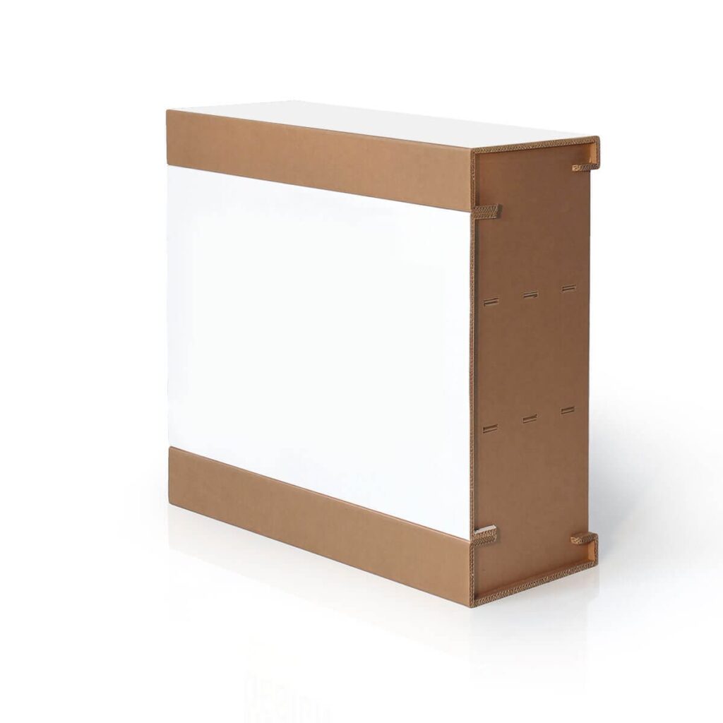 Comptoir en carton écologique pour stands événementiels, avec structure solide en panneaux cartonnés renforcés et pieds stabilisateurs, idéal pour scénographie professionnelle et décoration de salons - Le Meuble en Carton une marque du groupe Natur Design