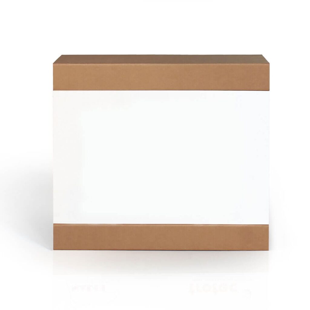 Comptoir modulaire en carton recyclé pour stands événementiels et scénographie professionnelle, idéal pour salons et espaces exposants avec surfaces planes et bandeaux décoratifs en papier kraft - Le Meuble en Carton une marque du groupe Natur Design