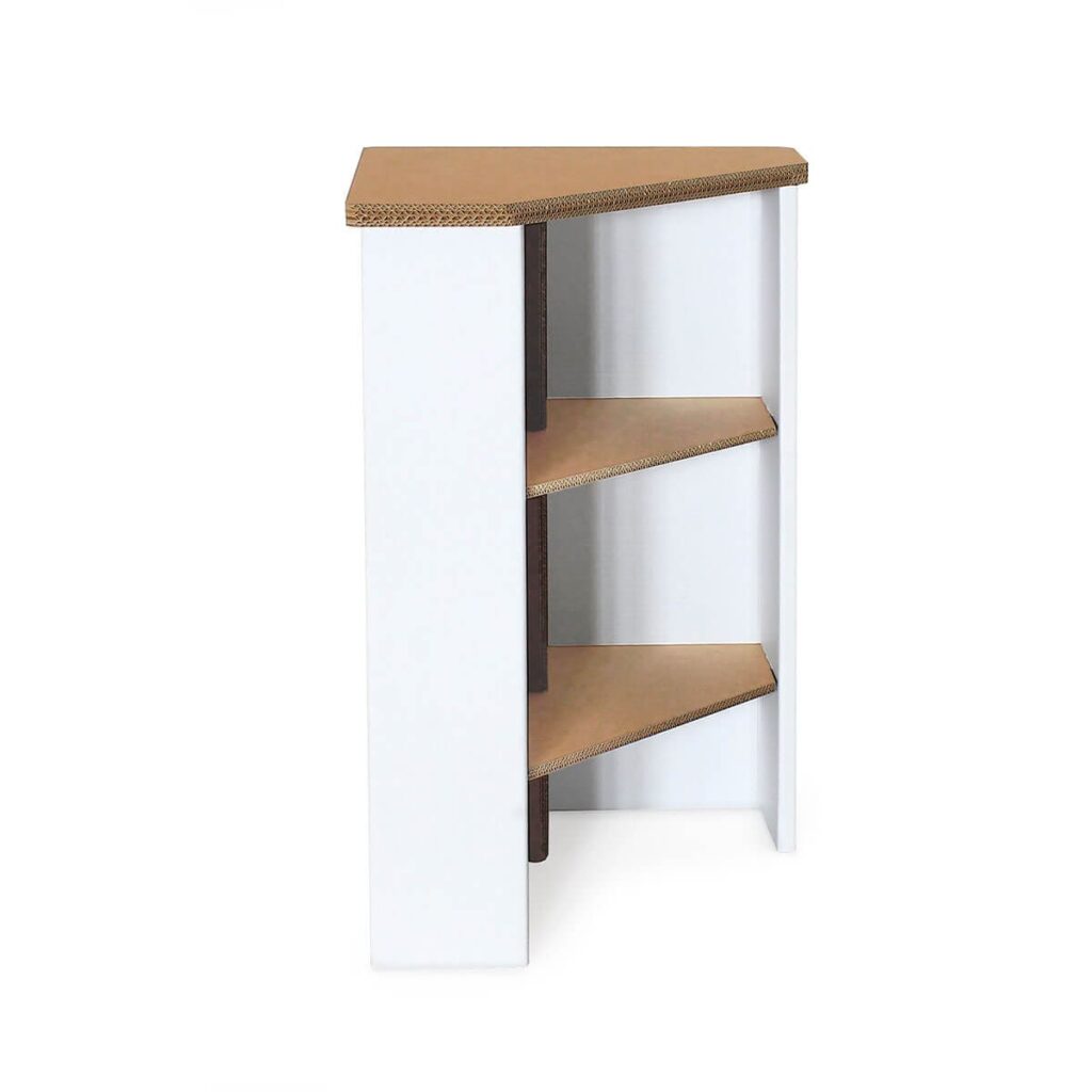 Comptoir en carton TENAGA avec plateaux en carton recyclé et étagères inclinées pour stands événementiels professionnels, idéal pour scénographie et décoration de salons - Le Meuble en Carton une marque du groupe Natur Design