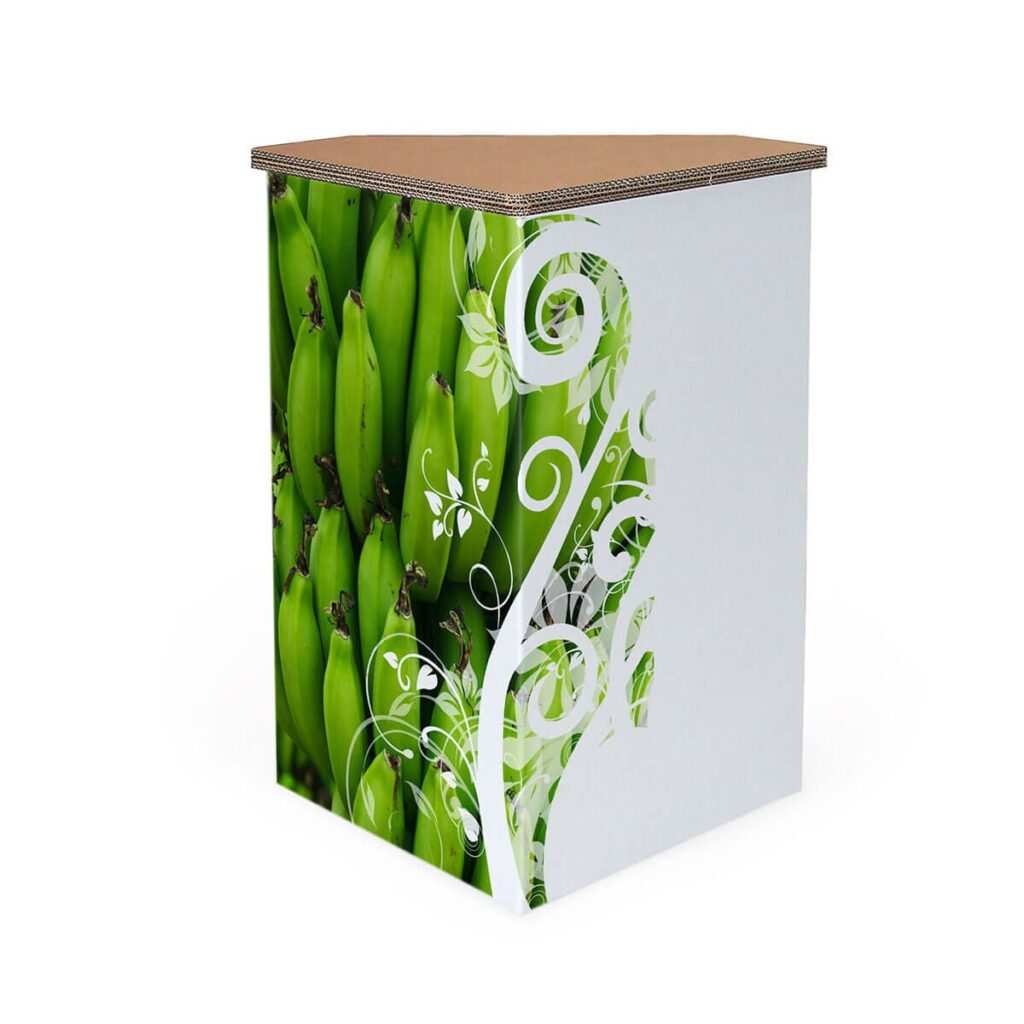 Comptoir en carton décoré floral pour stands événementiels ou scénographie professionnelle, avec motifs végétaux et motifs graphiques épurés, idéal pour ambiance naturelle et design moderne dans les espaces exposants ou salons - Le Meuble en Carton une marque du groupe Natur Design