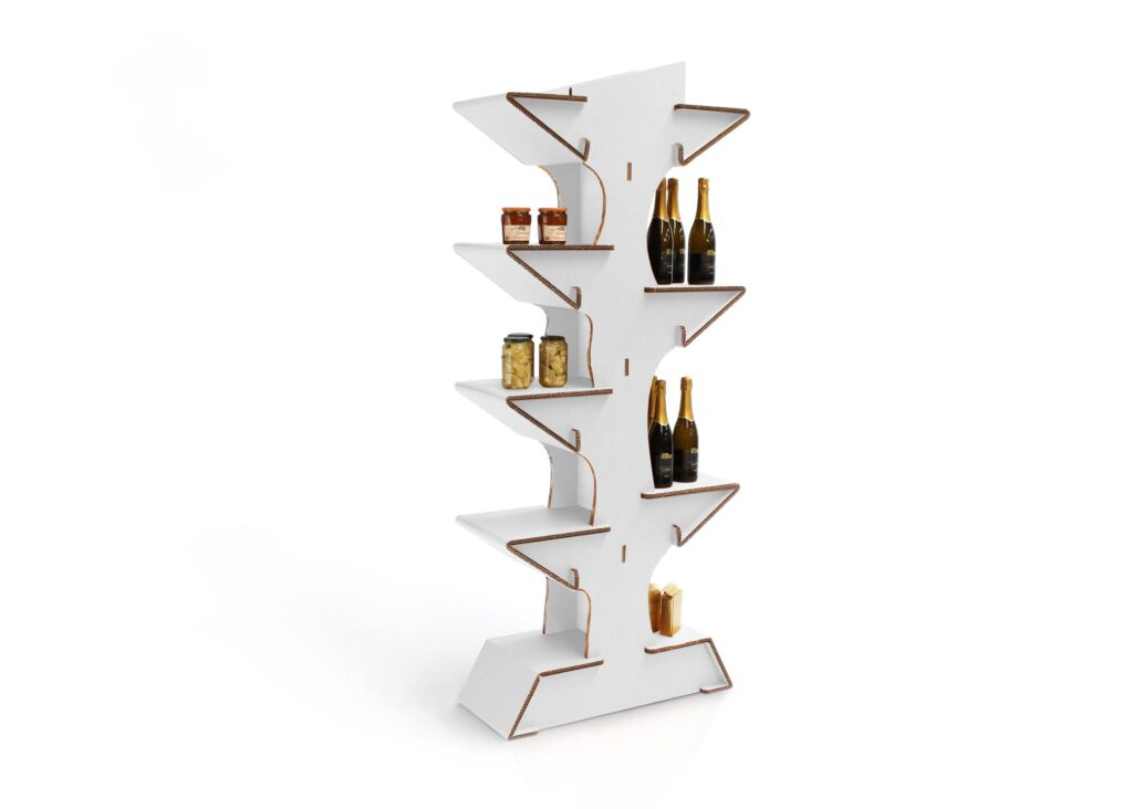 Présentoir en carton design PAGET avec étagères inclinées et supports métalliques pour exposition de bouteilles et potages, idéal pour stands événementiels professionnels, salons ou décoration de magasins - Le Meuble en Carton une marque du groupe Natur Design
