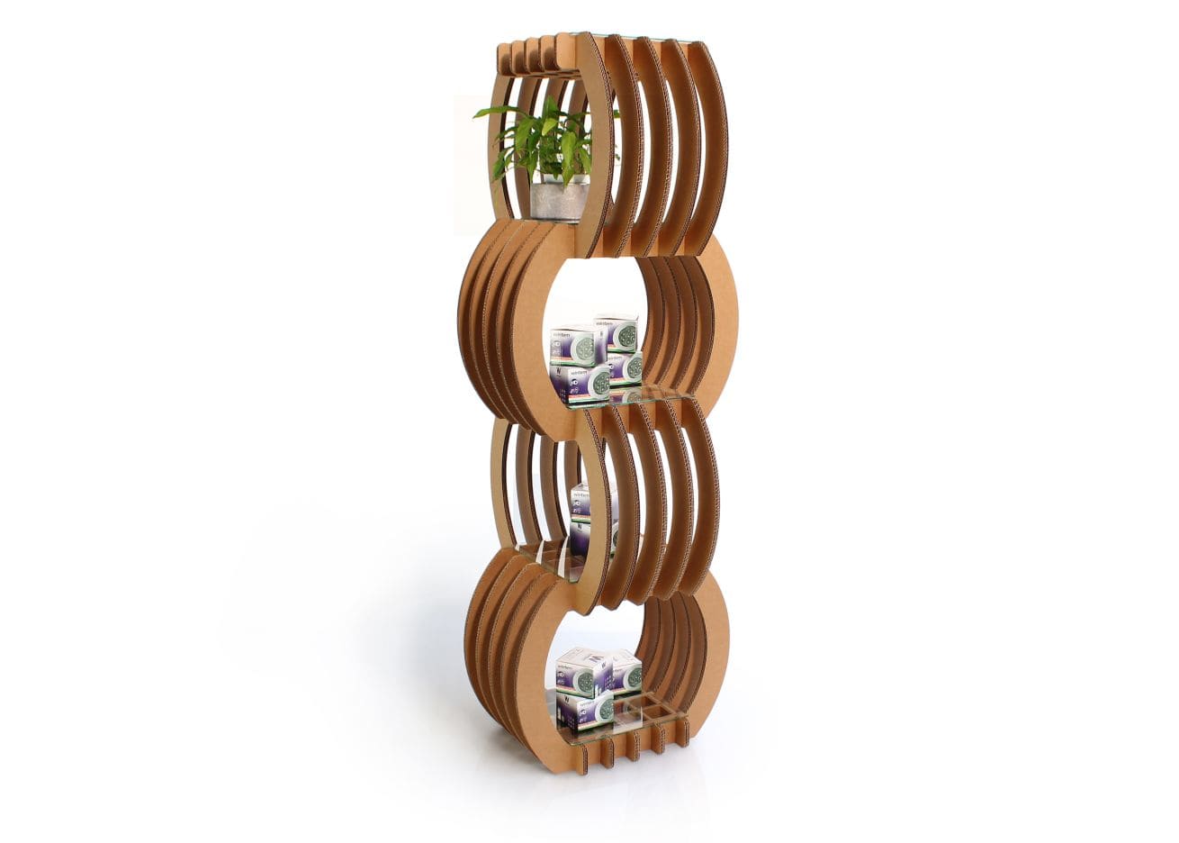 Étagère en carton design avec structure modulable et compartiments ouverts, idéale pour exposer des produits ou des objets décoratifs dans un espace professionnel ou domestique - Le Meuble en Carton une marque du groupe Natur Design