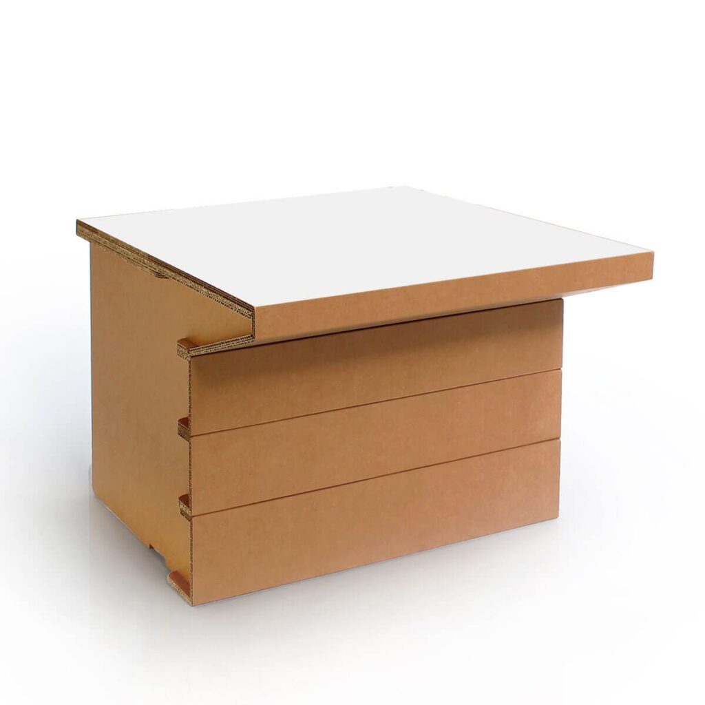 Extension banc d'accueil PMR en carton écologique, structure modulable avec plateau plat et tiroirs intégrés pour l'accueil en entreprise dans les bureaux d'accueil ou espaces commerciaux accessibles - Le Meuble en Carton une marque du groupe Natur Design