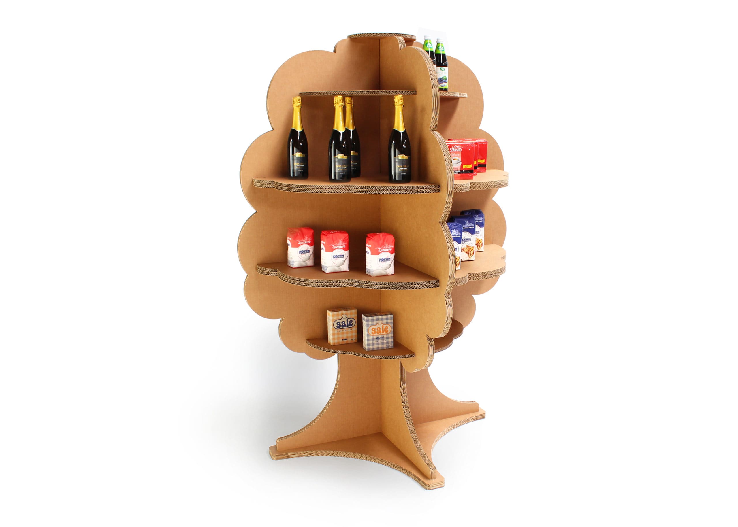 Présentoir en carton design pour l'aménagement de magasins, structuré en forme d'arbre avec étagères modulables et pieds stabilisés. Idéal pour exposer produits alimentaires et boissons dans des espaces commerciaux ou points de vente - Le Meuble en Carton une marque du groupe Natur Design