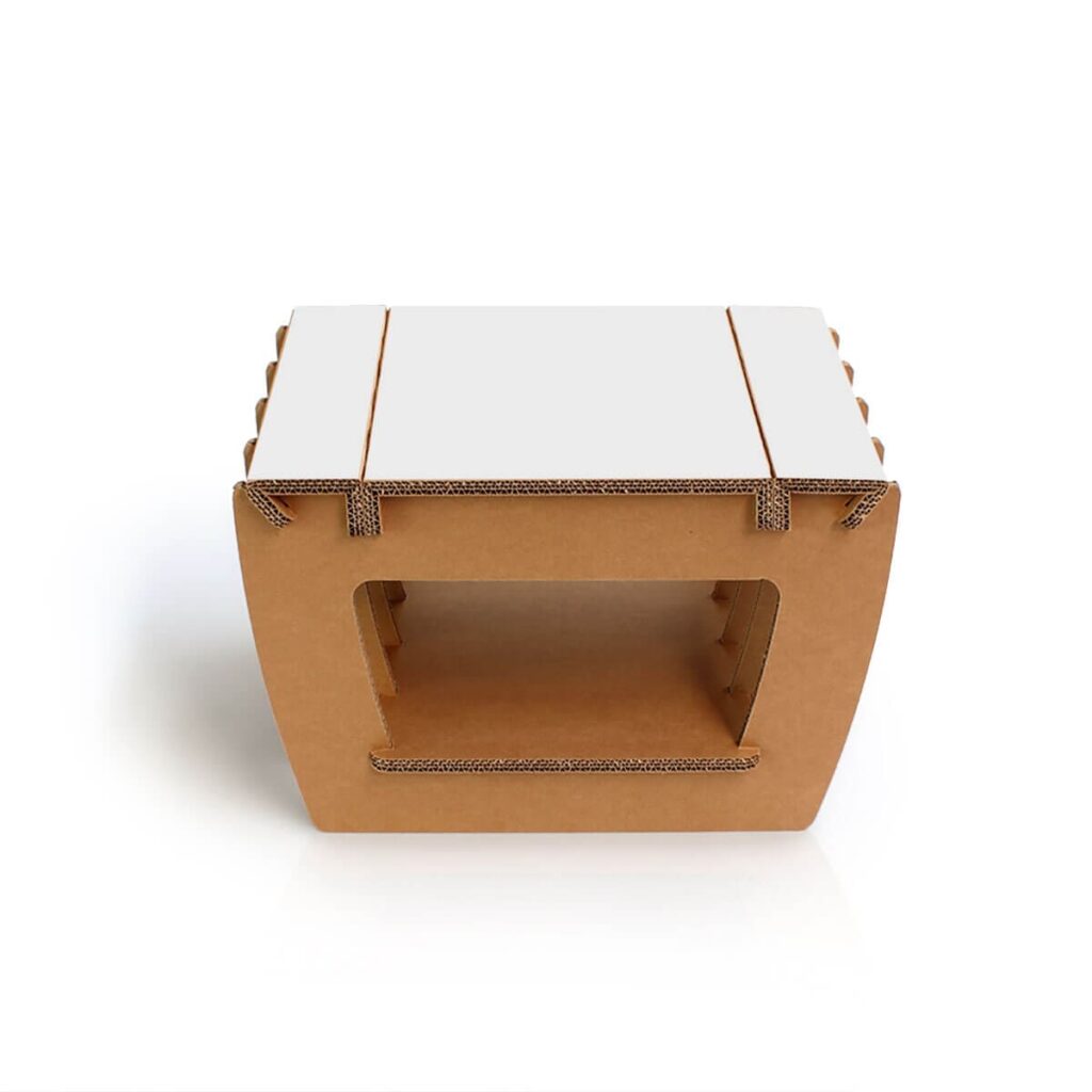 Table basse en carton écologique design pour espaces professionnels et événements, avec plateau cartonné renforcé et supports suspendus en tissu, idéale pour les salles de pause, stands événementiels ou aménagements d'entreprise - Le Meuble en Carton une marque du groupe Natur Design