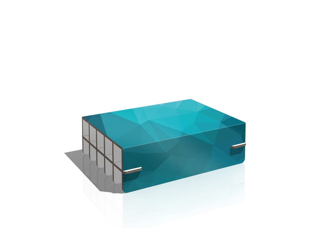 Table basse en carton design pour espaces professionnels, idéale pour les bureaux, open spaces ou salles de pause avec plateau géométrique et poignées métalliques intégrées, adaptée aux aménagements écologiques durables - Le Meuble en Carton une marque du groupe Natur Design