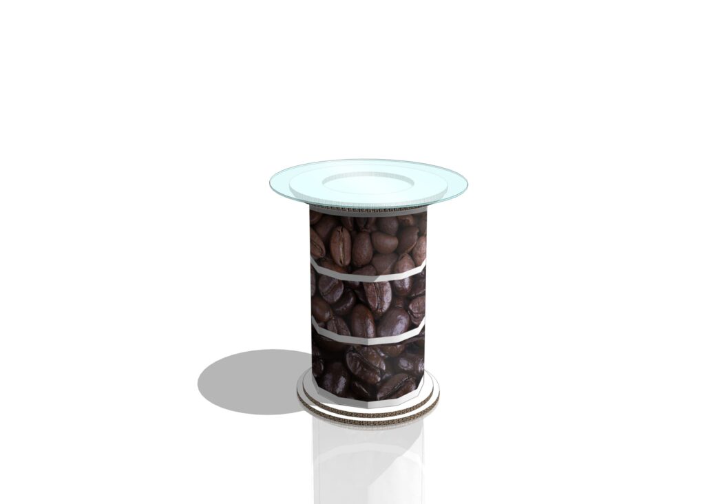Table en carton écologique pour espaces professionnels avec plateau transparent et support décoratif rempli de grains de café, idéale pour les bureaux, salles de pause et événements scéniques - Le Meuble en Carton une marque du groupe Natur Design