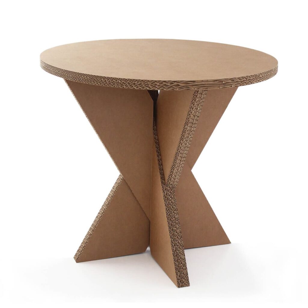 Table ronde en carton recyclé pour espaces professionnels, idéale pour les bureaux, open spaces ou salles de pause, avec plateau et pieds en structure cartonnée design et renforcée - Le Meuble en Carton une marque du groupe Natur Design