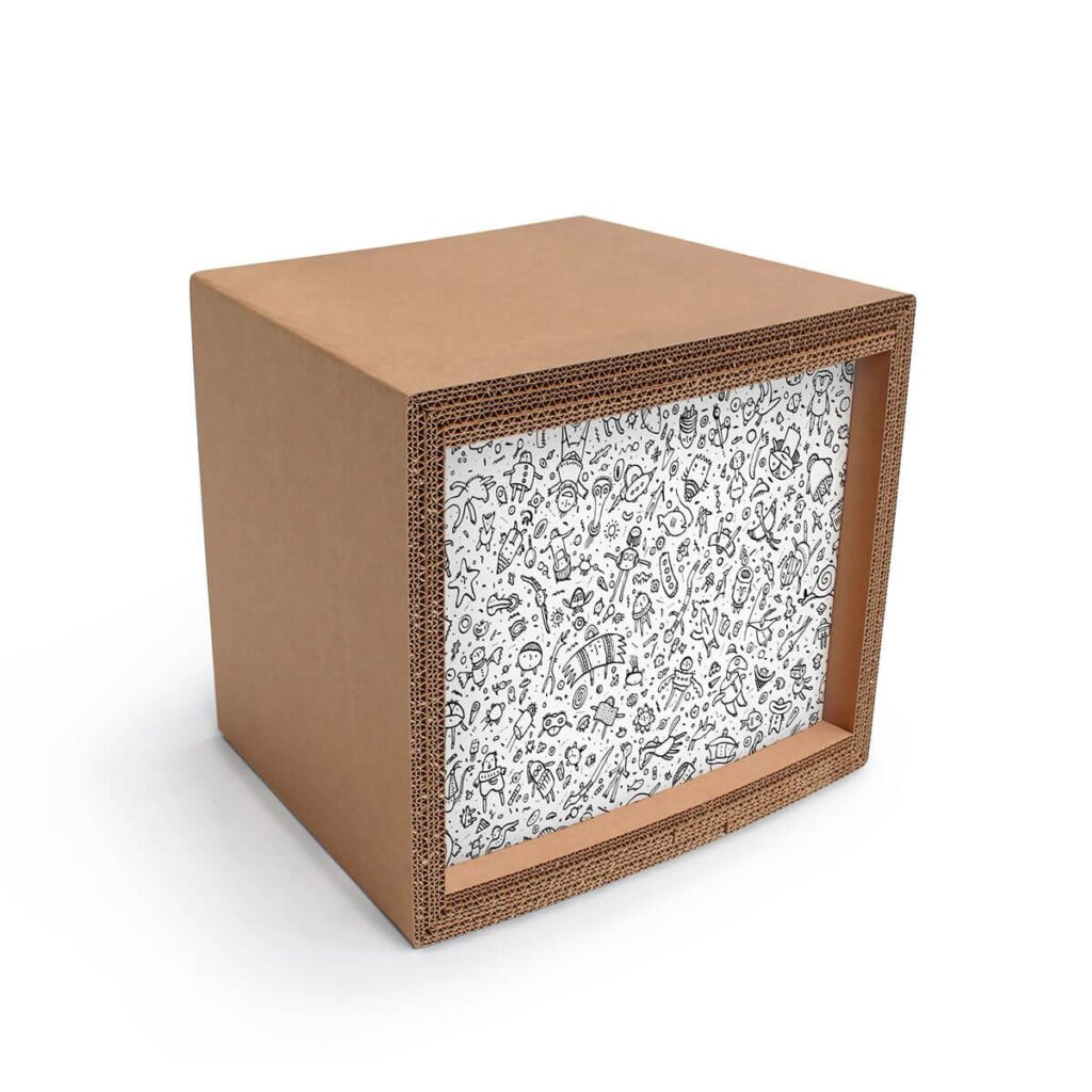 Tabouret en carton personnalisé avec motif illustré d'animaux et personnages pour stands événementiels et espaces de travail, idéal pour les entreprises et salles de pause - Le Meuble en Carton une marque du groupe Natur Design
