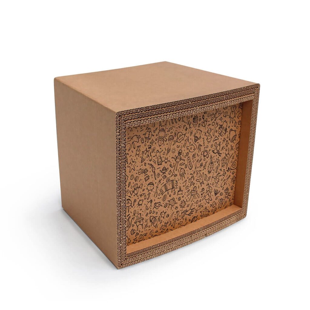 Tabouret en carton décoré d'arts graphiques personnalisés pour stands événementiels professionnels ou espaces de travail écologiques, idéal en open space ou salles de pause d'entreprise - Le Meuble en Carton une marque du groupe Natur Design