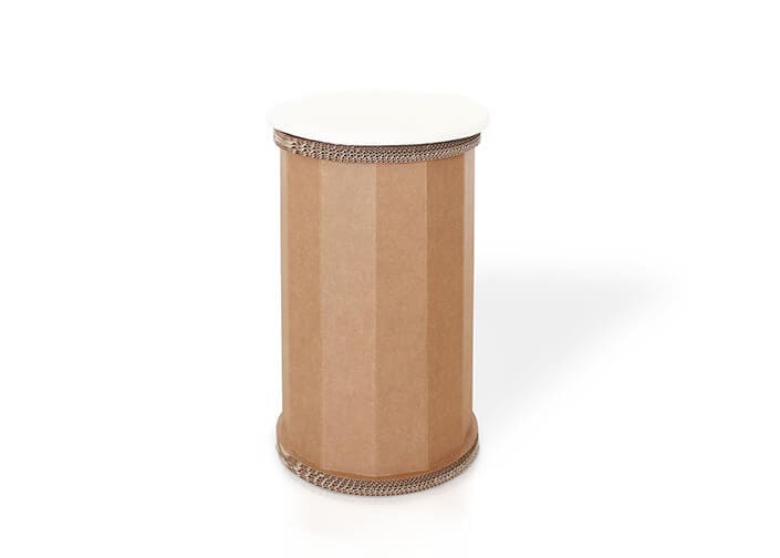 Tabouret en carton écologique avec base stabilisée à charnières métalliques pour espaces professionnels ou événements, idéal pour bureaux, salles de pause et stands événementiels en scénographie - Le Meuble en Carton une marque du groupe Natur Design