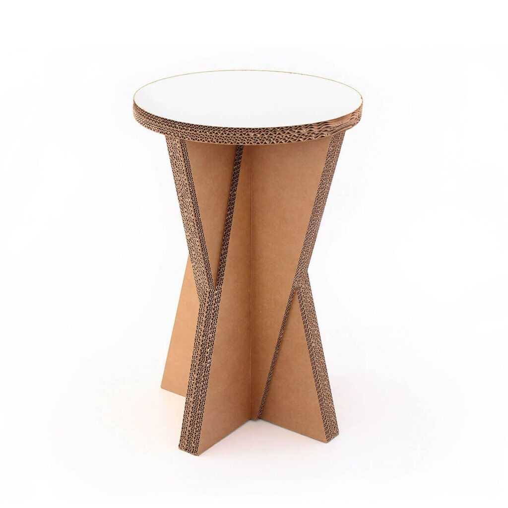 Tabouret modulable en carton recyclé avec plateau rond et structure géométrique, idéal pour l’aménagement d’entreprises, les salles de pause ou les stands événementiels professionnels - Le Meuble en Carton une marque du groupe Natur Design