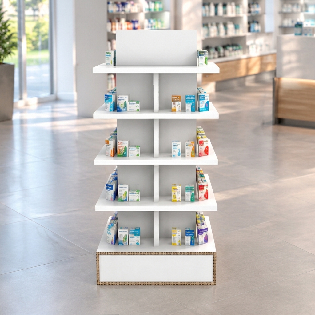 Gondole de pharmacie en carton ignifugé ALTAÏ avec tablettes modulables et personnalisables - Le Meuble en Carton
