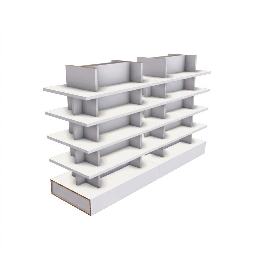 Gondole de pharmacie en carton ignifugé ALTAÏ avec tablettes modulables et personnalisables - Le Meuble en Carton